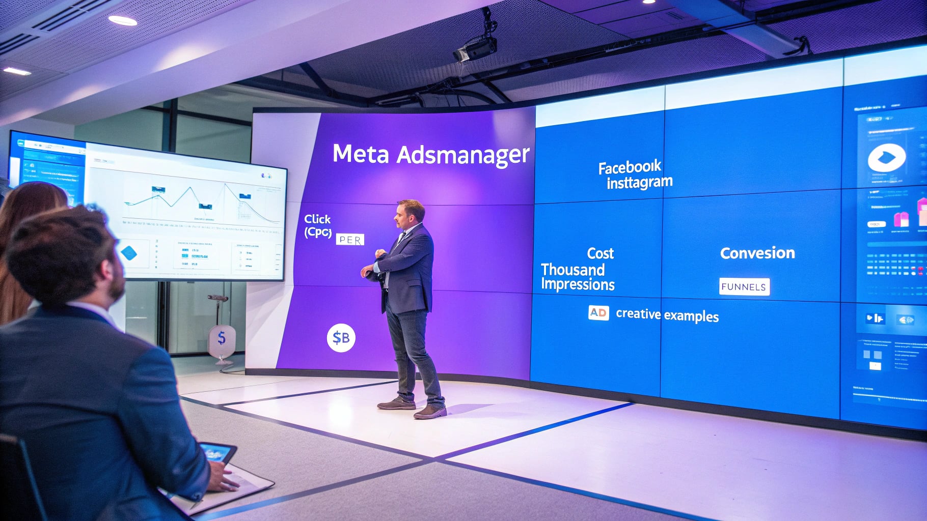 Meta广告策略展示图,展示Facebook和Instagram广告管理界面和性能指标