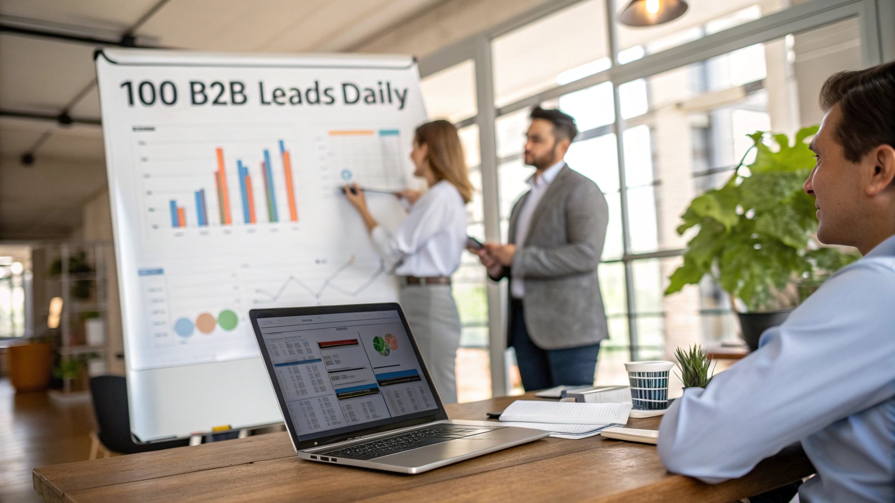 B2B销售办公室场景,展示每天100个B2B潜在客户的目标和增长趋势