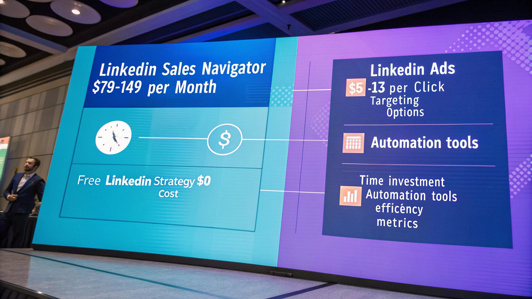 LinkedIn成本对比和方法对比展示图，展示Sales Navigator、LinkedIn广告、免费策略和自动化工具的成本和效果对比