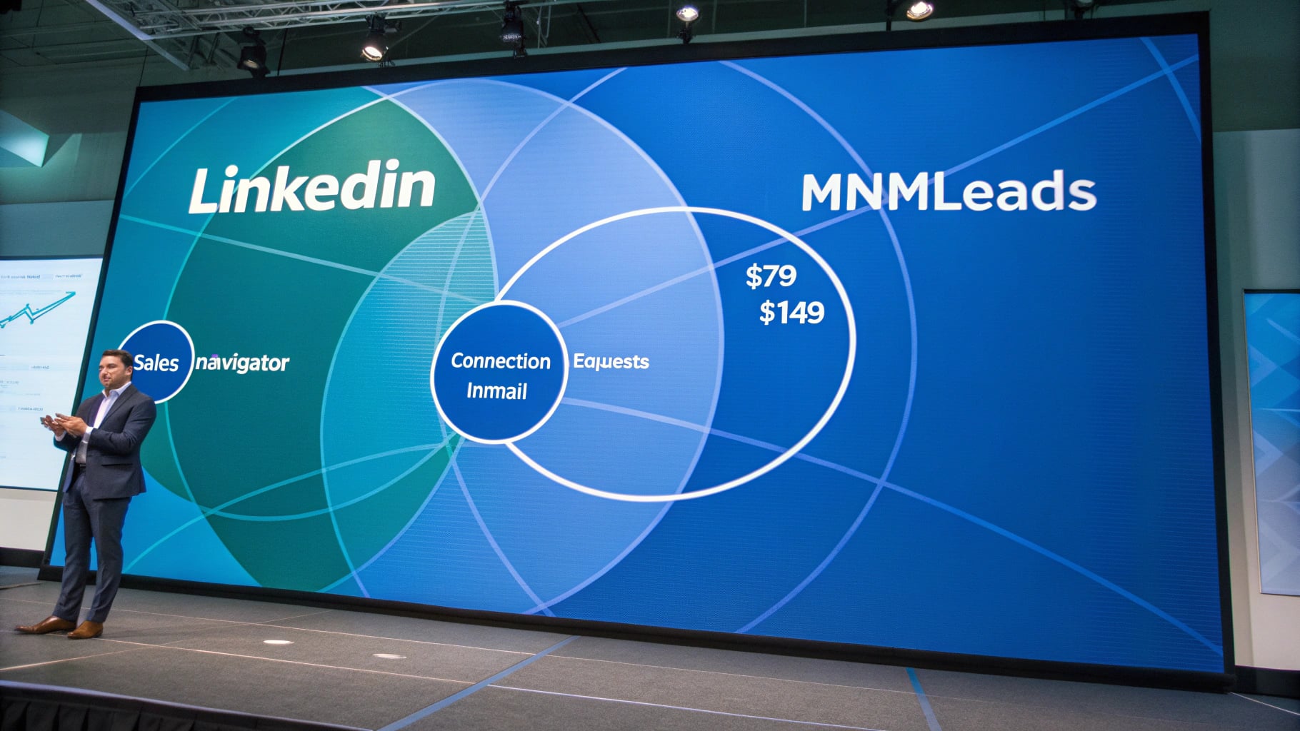 LinkedIn与mnmLeads组合方案展示图，展示高质量线索和大量线索的统一管理策略