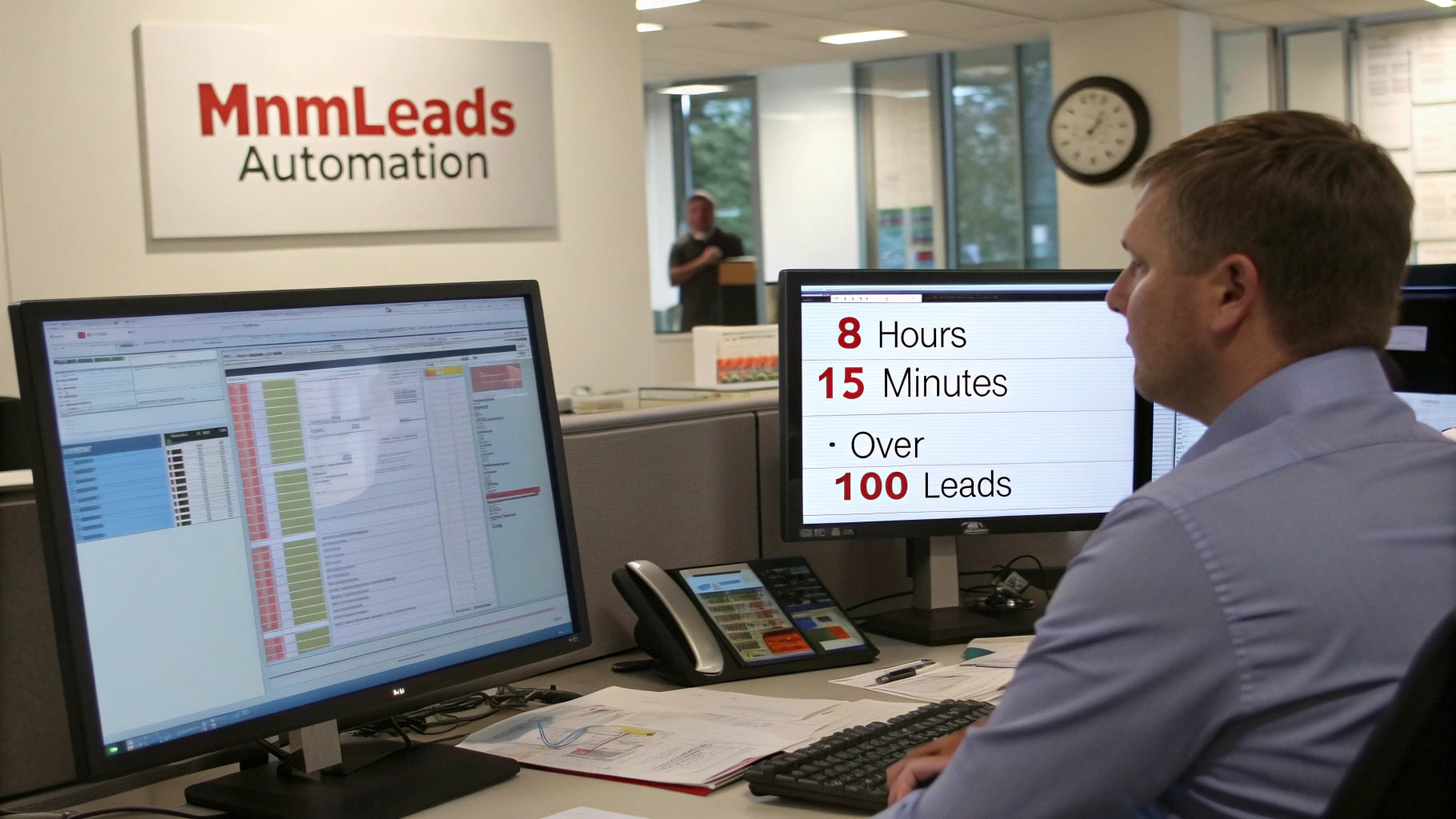 mnmLeads自动化解决方案展示图，展示从手动到自动化的效率提升