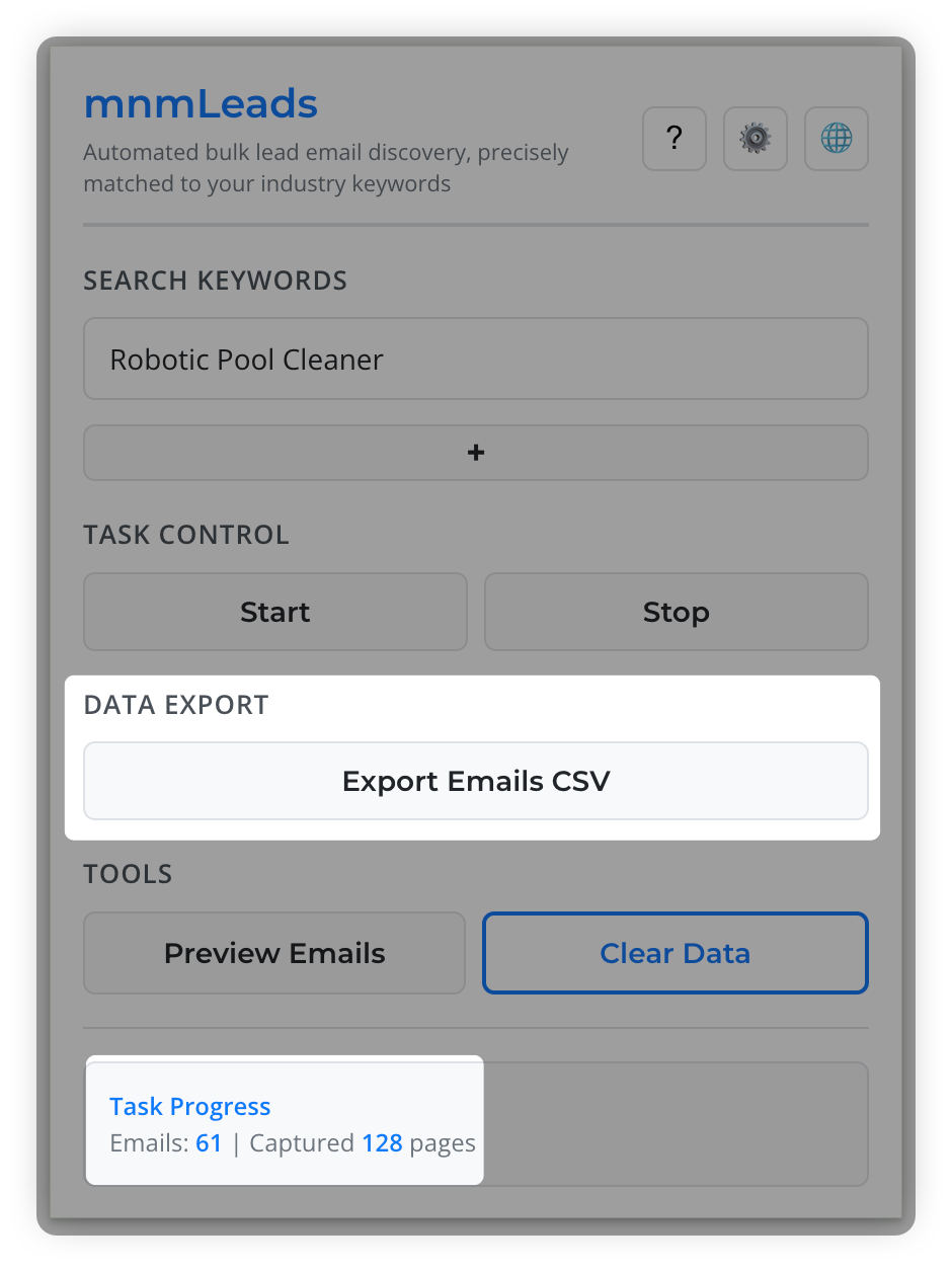 mnmLeads一键导出确认界面，展示如何将抓取的Leads导出为CSV或Excel文件，轻松导入CRM系统